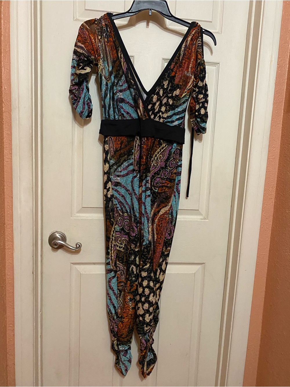 full-length, form-fitting jumpsuit eclectic, multi-colored mixed animal print M